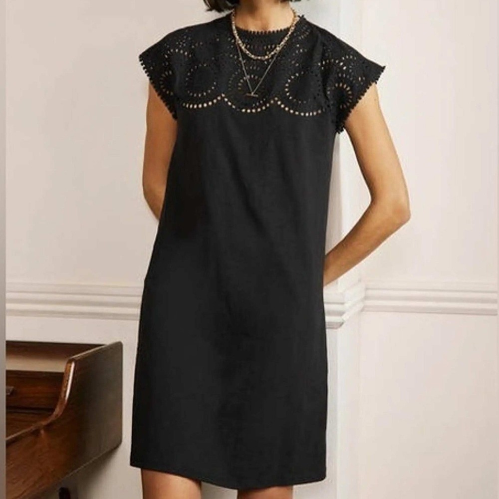 Boden Cutout Jersey T-Shirt Dress Womens 4 Black Eyelet Lace Pom Pom Sleeveless